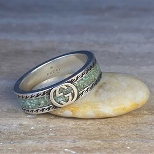 Enameled Turquoise Inlay & Silver Gucci Ring - Size 10